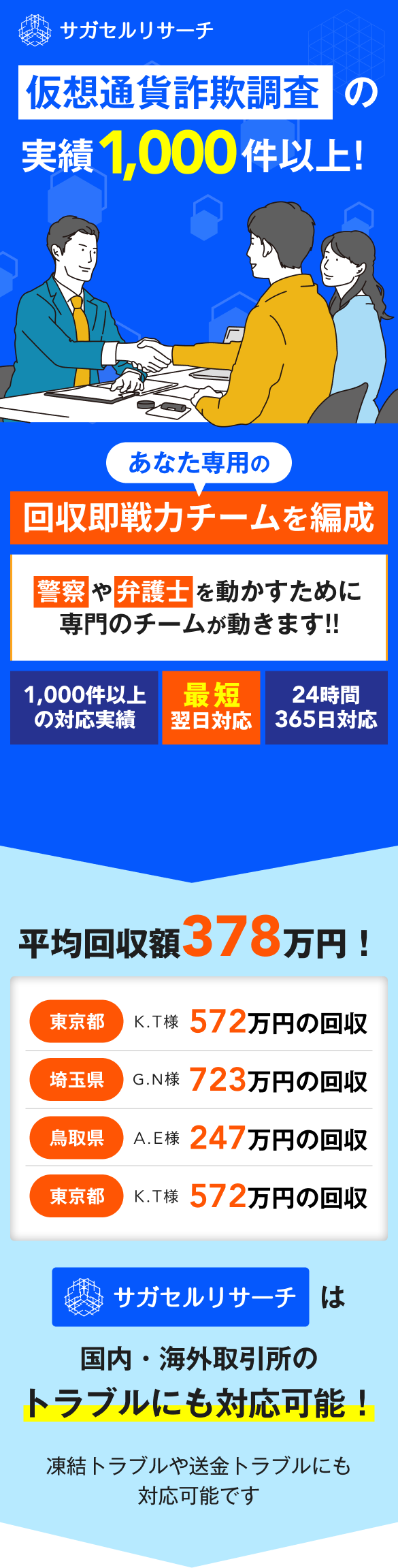 仮想通貨詐欺の被害金を取り戻すため専門チームが調査することを訴求するキービジュアル